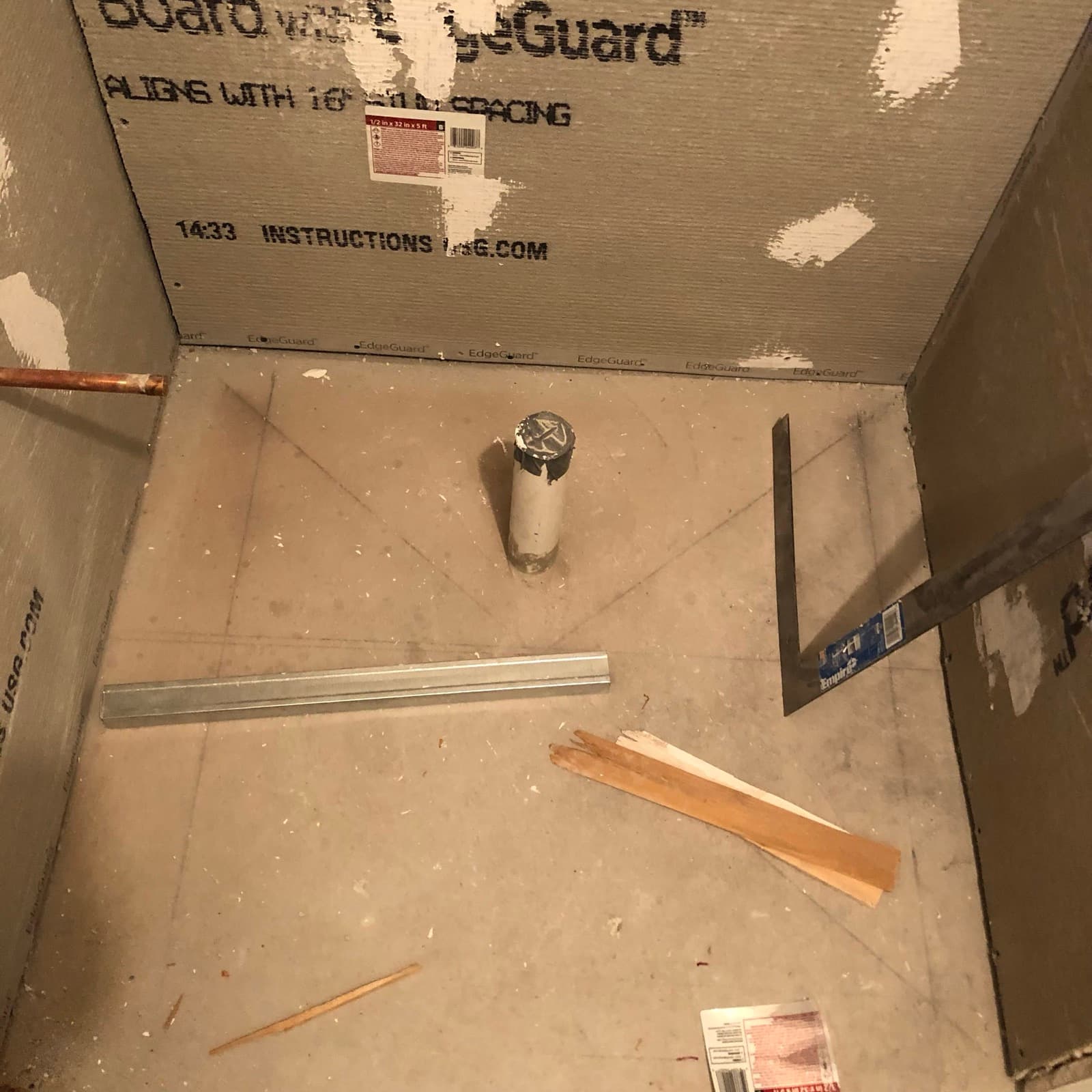 Shower construction with cement board and plumbing rough-in